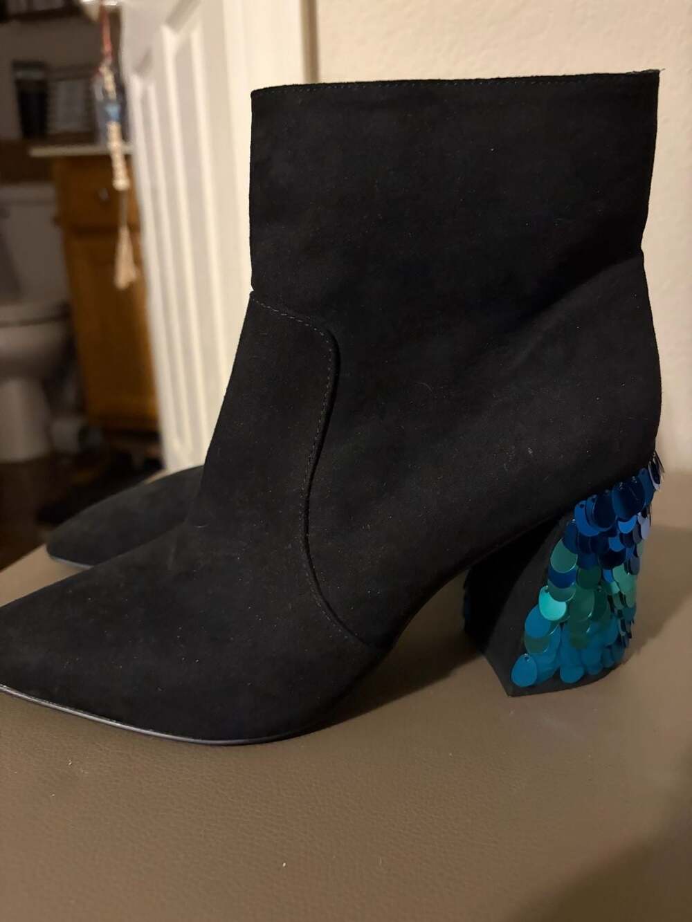 Gianni Bini Black Ankle Boots with Blue Sequin Block Heel